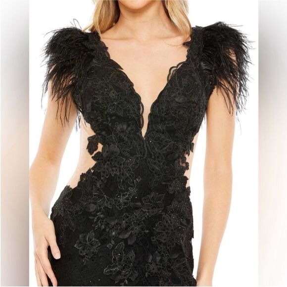 Mac Duggal 67782 Feather Cap Sleeve Lace Gown Size NWT Black $698 - Picture 3 of 6